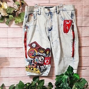 Heritage America Patchwork Denim Shorts with Red Accents 34